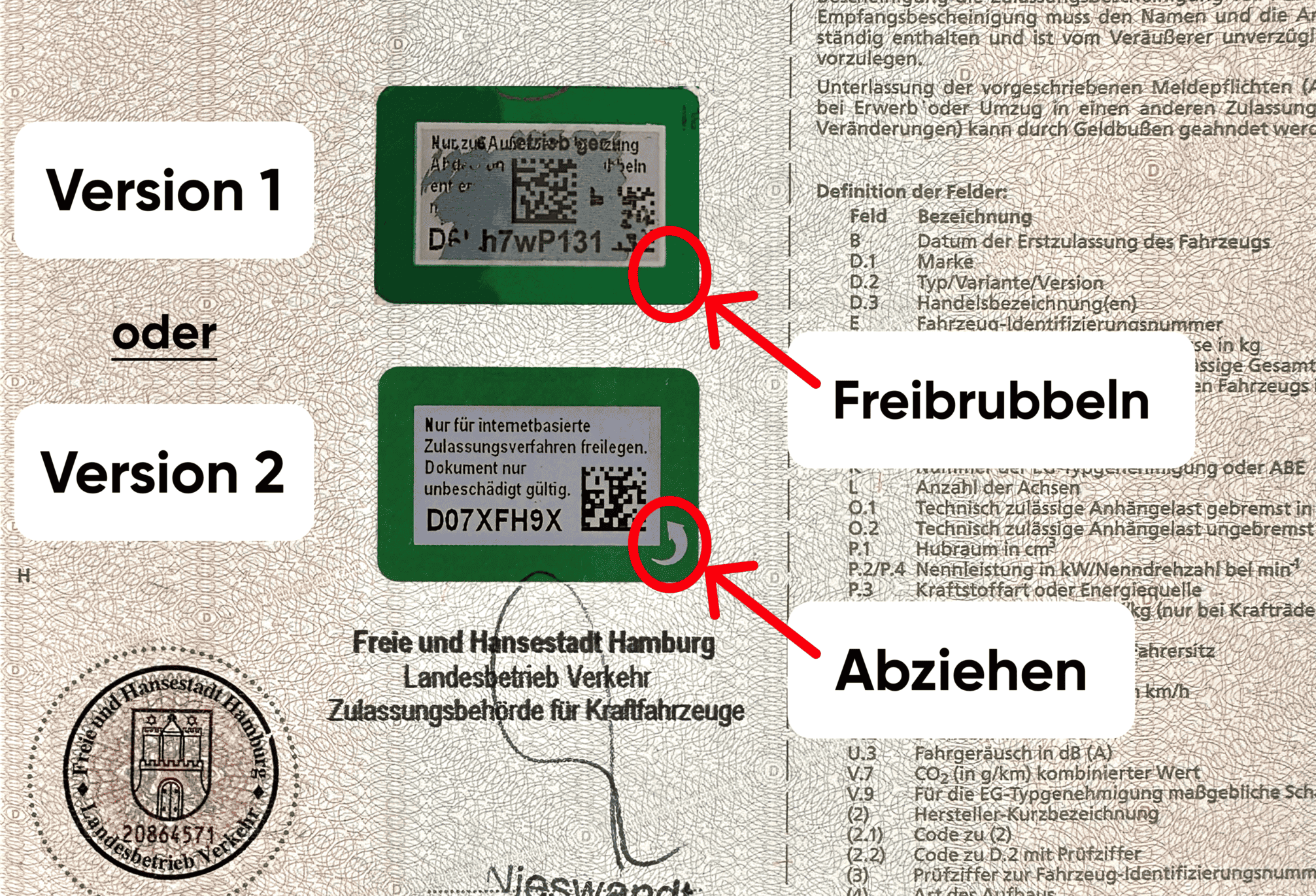 Sicherheitscode Beispiele vom Fahrzeugschein